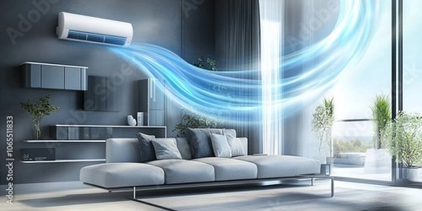 Fototapeta  Innovative air conditioning system visualized with cool air flow in a modern living room