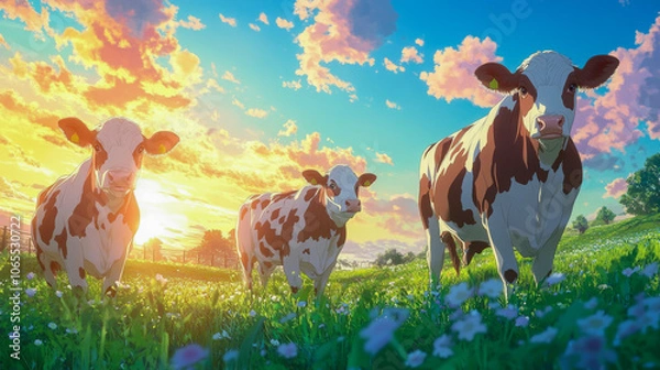 Obraz Illustration of cows grazing on a lush, flower-filled field during a vibrant sunset, creating a peaceful rural landscape with warm colors