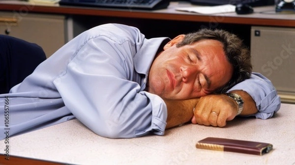 Obraz Tired Man Falling Asleep at Desk in Simple Office Setting