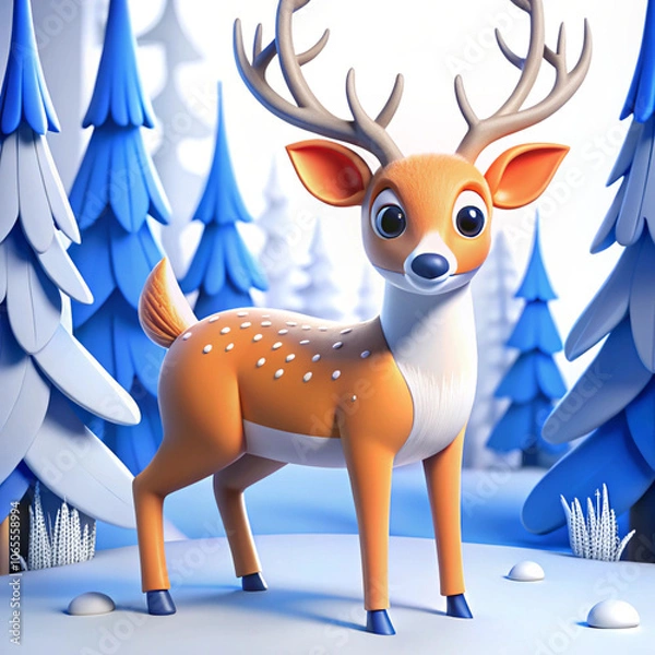Fototapeta A whimsical, cartoon-style deer with vibrant blue antlers stands amidst snowy trees, exuding a playful holiday spirit with a cheerful expression.