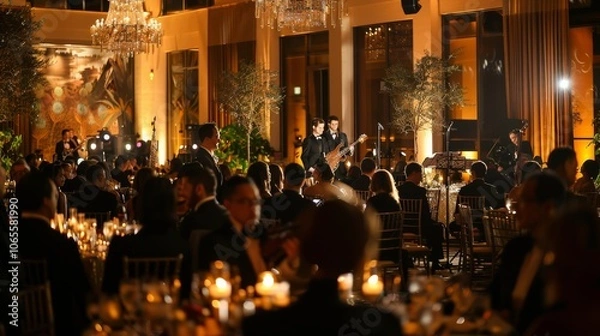 Fototapeta Elegant dinner event with musicians performing in a lavish setting, beautifully lit ambiance and guests enjoying the evening.