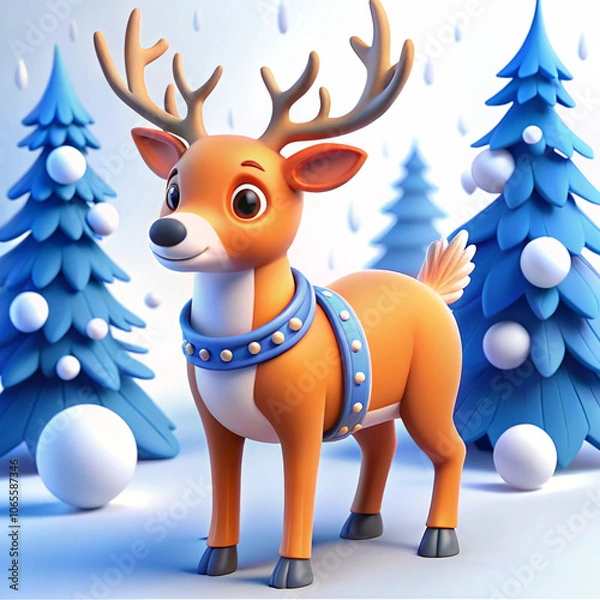 Fototapeta A whimsical, cartoon-style deer with vibrant blue antlers stands amidst snowy trees, exuding a playful holiday spirit with a cheerful expression.