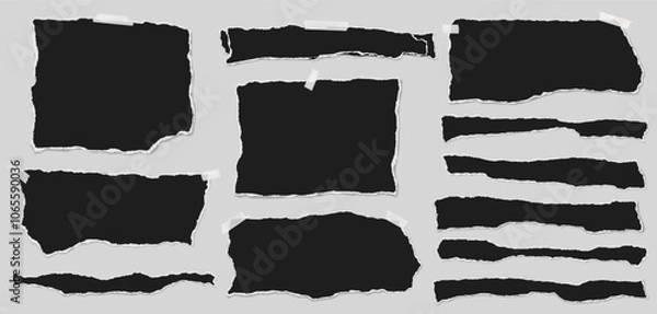 Fototapeta Set of torn black note paper pieces with sticky tape are on transparent background for text, notes or ad.