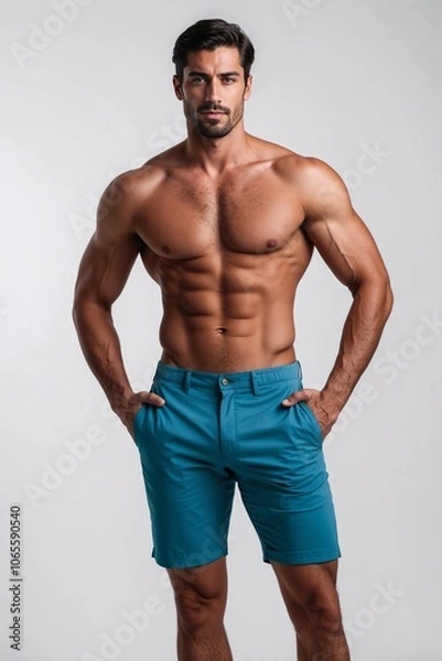 Fototapeta Handsome Man Modeling Swimsuit Shorts on White Background, Shorts Advertising Model