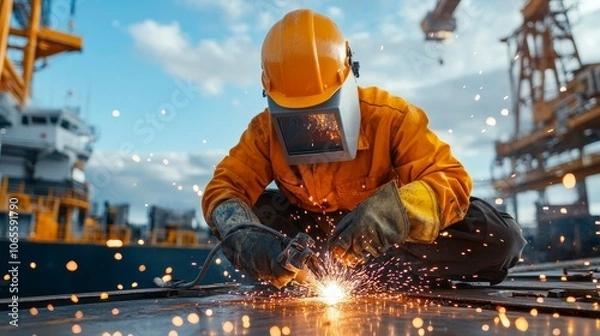 Obraz A worker welding on a shipyard, surrounded by sparks and industrial equipment.
