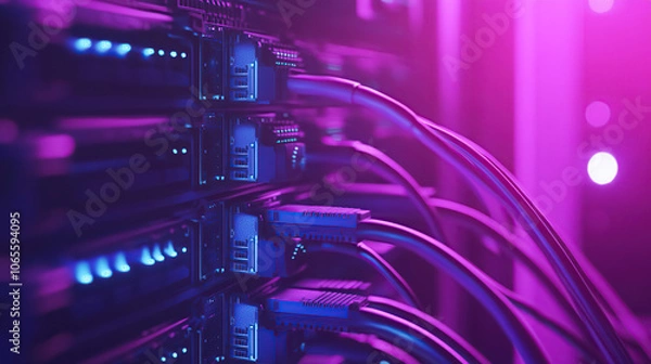 Fototapeta Close-Up of Data Center Server Rack with Neon Lights