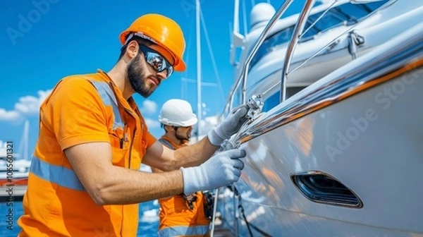 Obraz Workers in safety gear maintain a yacht by the dock under a clear blue sky.