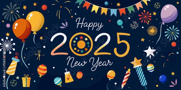 Obraz Generative AI A fun and colorful illustration celebrating New Year's Eve, featuring cute cartoon designs with fireworks, colorful sparklers, and joyful emoticons. cheerful artwork, happy new year 2025
