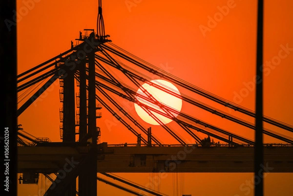 Obraz Huge crane in the harbor and sunset