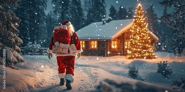 Fototapeta Santa Claus with a backpack full of presents walks through the snow to a lonely romantically lit hut