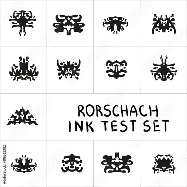 Fototapeta Ink Rorschach test set. Ink-bloat vector collection.