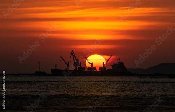 Obraz Large cargo ship against sunset