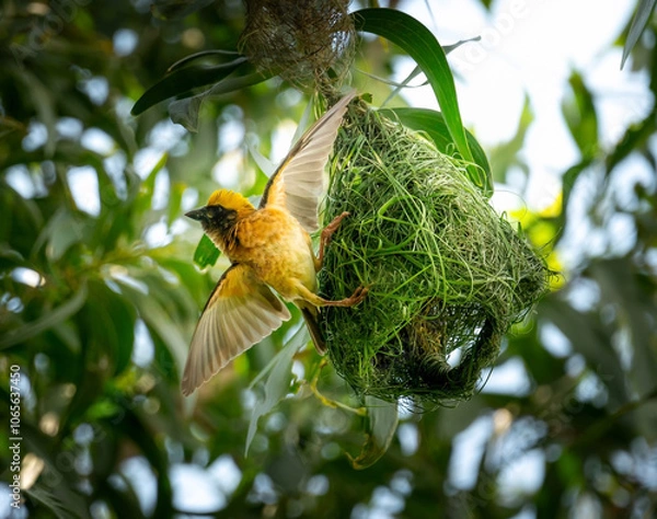 Obraz Yellow birds build green nests