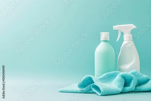 Obraz Simple Cleaning Products for Hygiene Concept, bottle, cloth, plain, arrangement