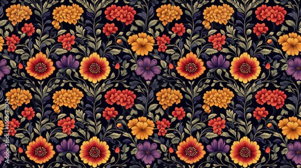 Obraz Seamless pattern of intricate Mughal art embroidery featuring traditional motifs and modern Indian neckline design