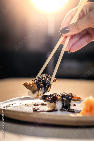 Fototapeta Skin Sushi on Chopsticks