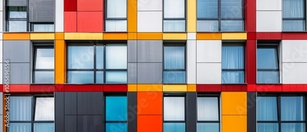 Fototapeta A fragment of a commercial building with windows of different sizes and a ventilated facade made of composite panels of different colors. Modern technology of building facades design