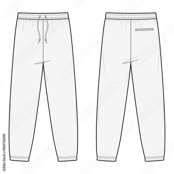 Fototapeta White jogger pants with drawstring and back pocket, front and back view, suitable for casual and athletic wear.

