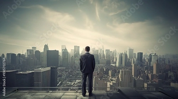 Fototapeta Businessman Overlooking City Skyline at Dusk