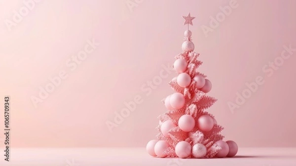 Obraz A Christmas tree made of light blue balls, decorated with stars on top, on a background of light pastel tones. The symbol of the new year 2025.