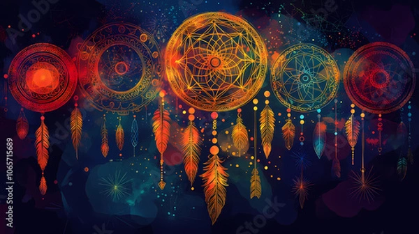 Fototapeta Circular motifs resembling dreamcatchers and celestial bodies for mystical and fantasy themes. , minimalism,. Mystical. Illustration