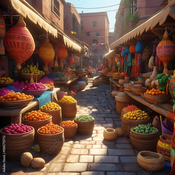 Obraz A colorful street market display with cultural artifacts like woven baskets