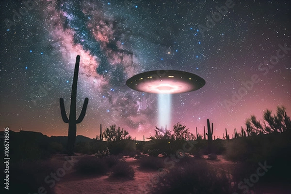Fototapeta Mysterious UFO sighting illuminating a desert landscape under a starry night sky near cacti in the serene wilderness