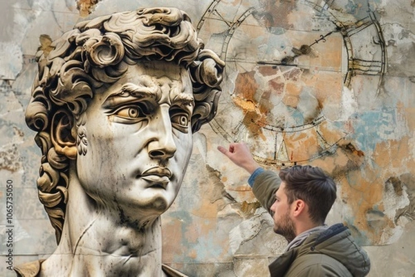 Fototapeta Man with plaster head of David holding clock points finger.