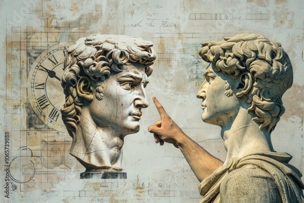 Fototapeta Man with plaster head of David holding clock points finger.