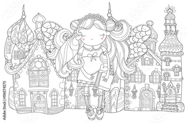 Fototapeta Vector cute princess fairy girl with wings in flower crown.Old fairy town city view.Vector line illustration.Sketch for postcard or print or coloring adult book.Hand drawn free boho style.