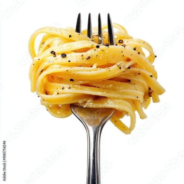 Fototapeta Freshly cooked linguine twisted on a silver fork with pepper seasoning