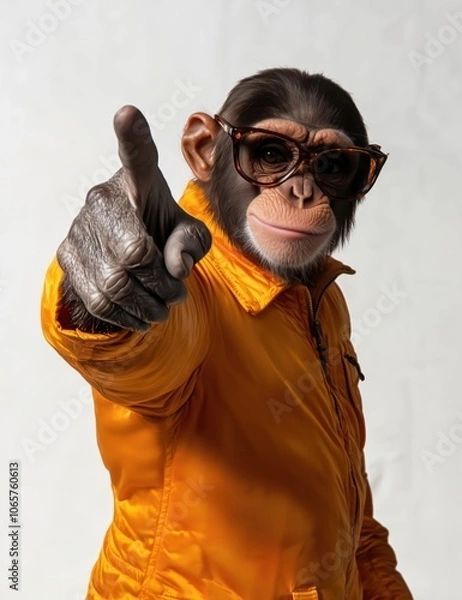 Obraz A stylish monkey in an orange jacket and dark sunglasses points confidently at the camera, blending bold fashion with humor and attitude in a vibrant close-up portrait.