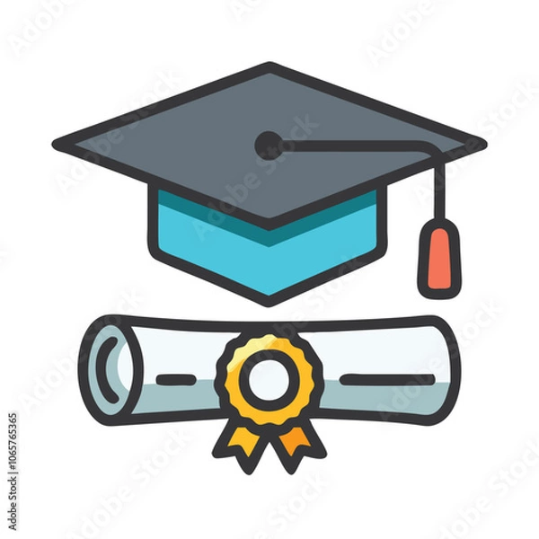 Fototapeta Graduation Cap, Diploma, and Award Ribbon Icon, Illustration of a graduation cap, diploma, and award ribbon, symbolizing academic achievement, graduation ceremonies, and educational success.
