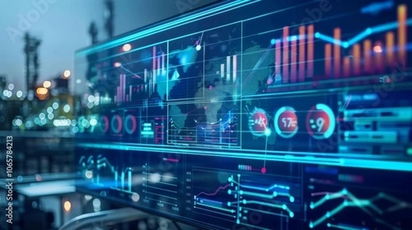 Fototapeta Smart factory floor with advanced machinery, IoT sensors integrated for real-time data analytics, showcasing a high-tech industrial environment and innovation in manufacturing.