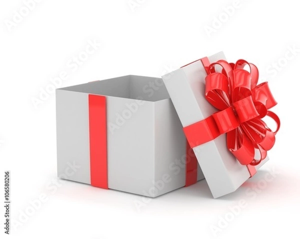 Fototapeta open gift box with bows isolated on white. 3D rendering.
