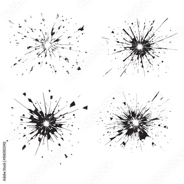 Fototapeta High-Contrast Black-and-White Vector Illustration of Shattered Glass with Central Impact Point and Radiating Cracks - Minimalistic, Sharp, and Realistic Broken Glass Design