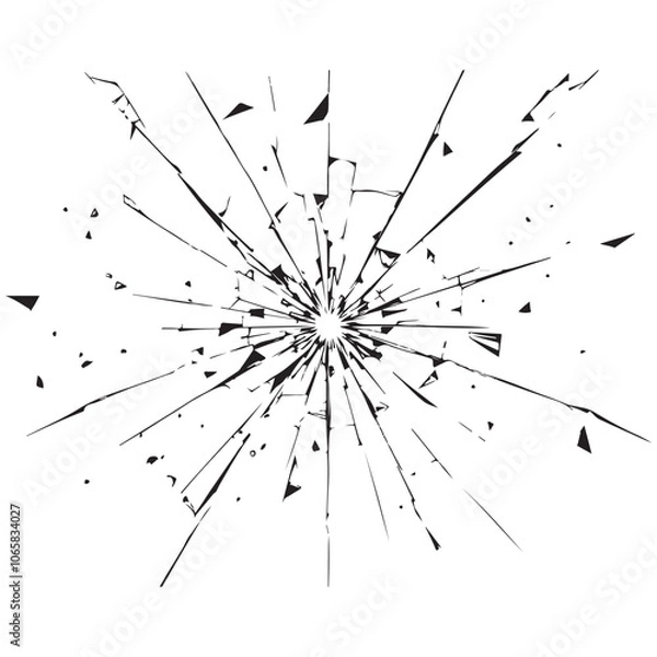 Fototapeta High-Contrast Black-and-White Vector Illustration of Shattered Glass with Central Impact Point and Radiating Cracks - Minimalistic, Sharp, and Realistic Broken Glass Design