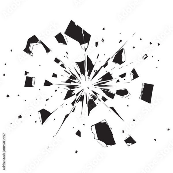 Fototapeta High-Contrast Black-and-White Vector Illustration of Shattered Glass with Central Impact Point and Radiating Cracks - Minimalistic, Sharp, and Realistic Broken Glass Design