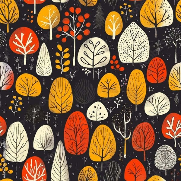 Fototapeta Seamless pattern with autumn trees, cartoon style forest on black background