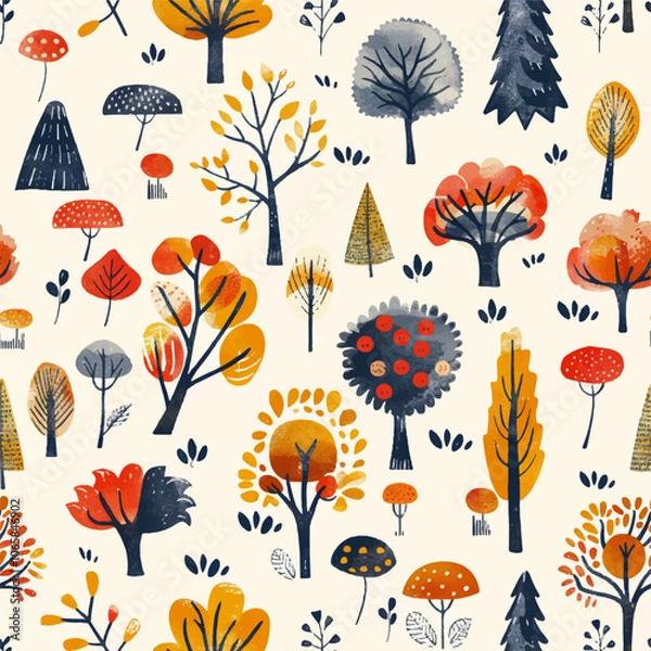 Fototapeta Seamless pattern with autumn trees, cartoon style forest on white background