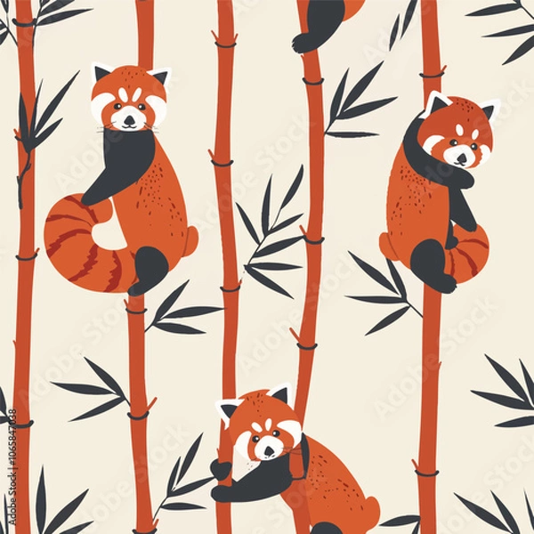 Fototapeta Seamless pattern with Little panda, cat bear, red panda, Himalayan raccoon and bamboo branches on a white background