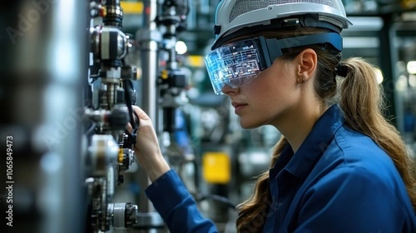 Fototapeta Engineers using smart glasses to access data overlays on equipment for maintenance checks