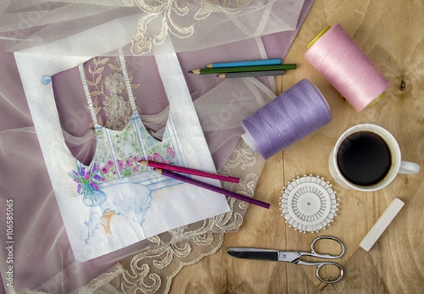 Obraz Interior designer’s table with the drawing, materials, accesso