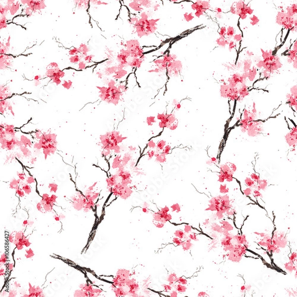 Obraz Bezproblemowy wzór z gałęziami Sakury. Oryginalne tło akwarelowe.