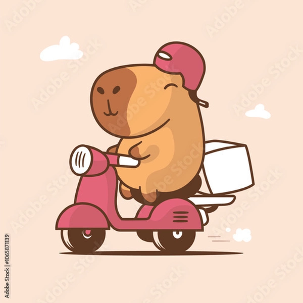 Fototapeta A cute cartoon-style vector illustration of a capybara happily riding a pink scooter, delivering a package. 