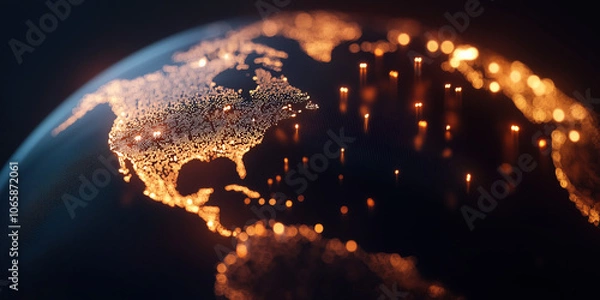 Obraz North America network lights glowing on digital Earth globe, USA data connectivity, gold on black background