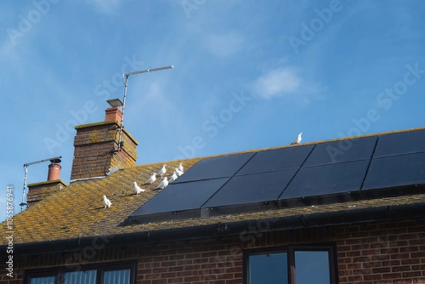 Fototapeta Bird guard around solar panels. Doves are gathered near by but not getting under the guard.