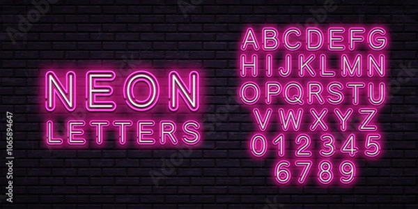 Obraz Bright neon letters isolated on dark brick wall background. Vector neon font design.