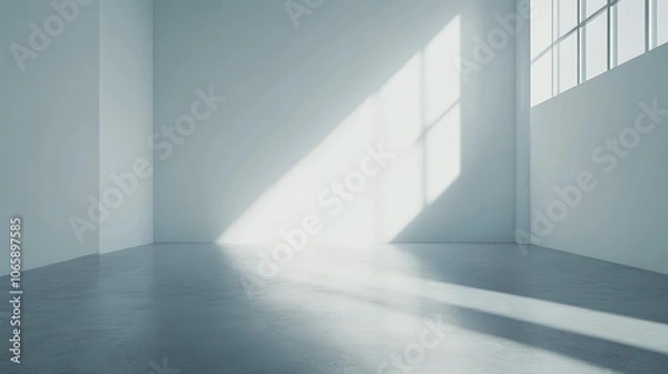 Fototapeta A minimalistic interior space with soft light streaming through large windows, creating a serene atmosphere.