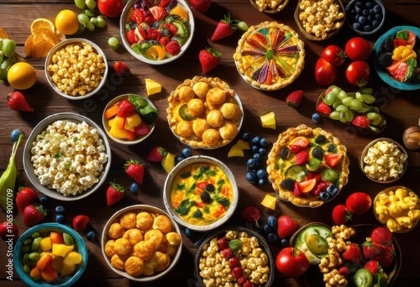 Fototapeta colorful variety snacks arranged aesthetically rustic wooden table top creating delicious culinary display, cheese, cracker, dip, platter, fruit, vegetable